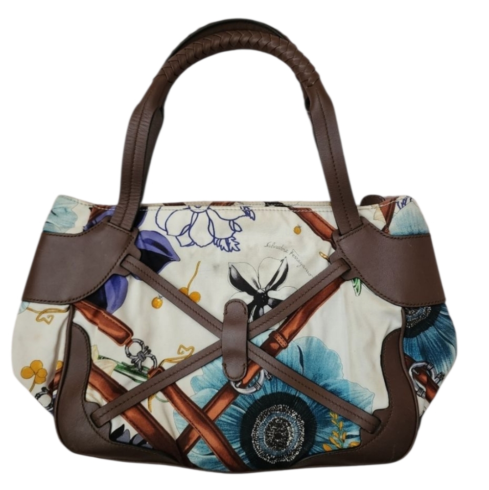 Salvatore Ferragamo tote purse handbag fabric leather floral